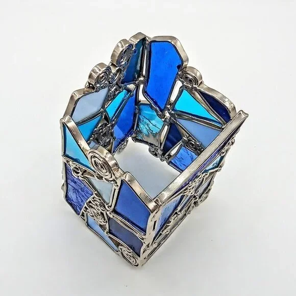 Blue Stained Glass Silver Swirl Candle Holder